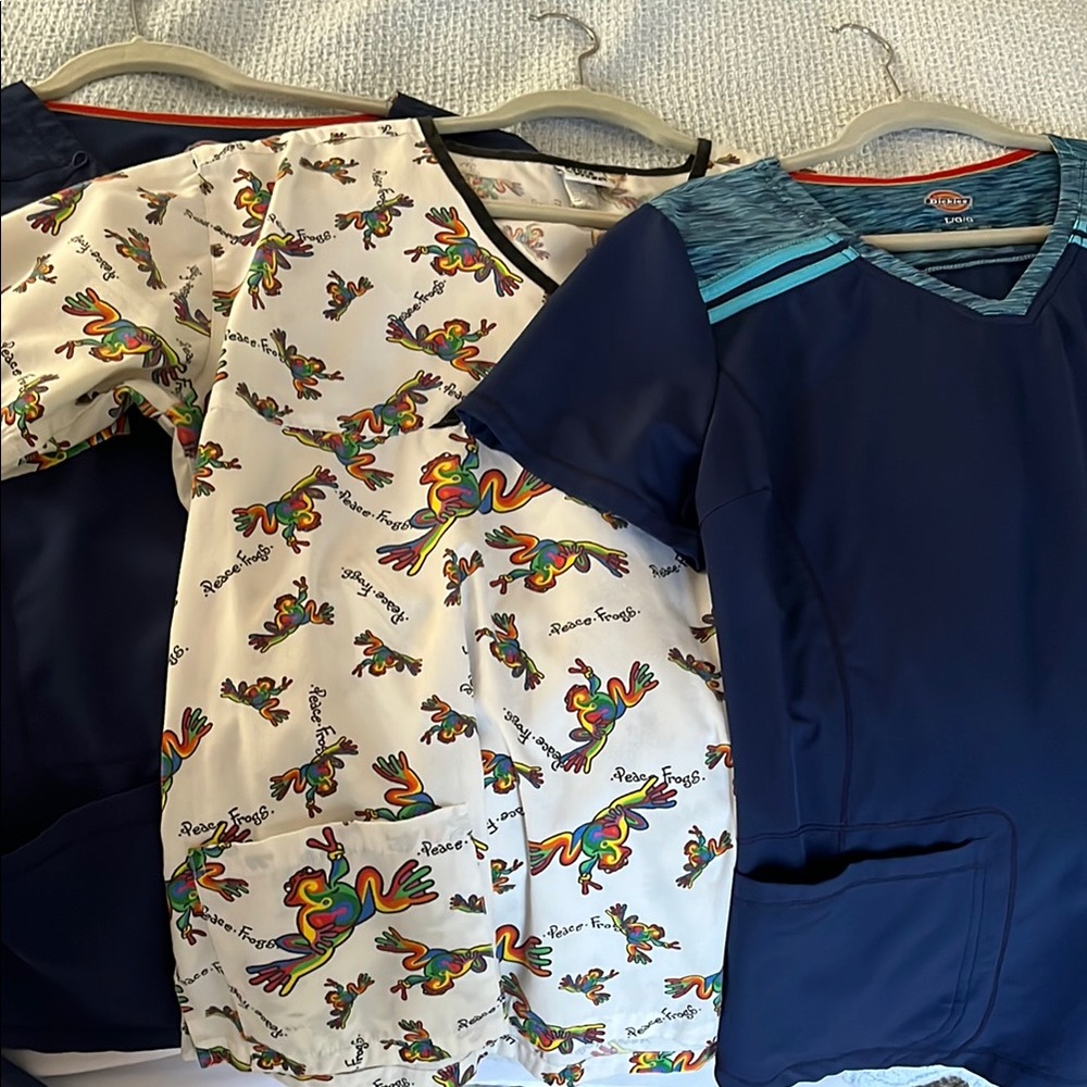 Colorful Frog Print Large SCRUB tops, and 2 blue tops,  with front pockets